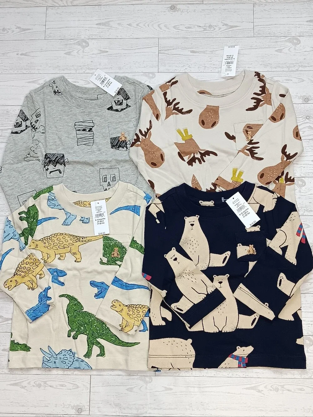 Lot Of 4 Baby Gap Boy's Graphic Print Long Sleeve Shirt 100% Cotton Size 6-12 M